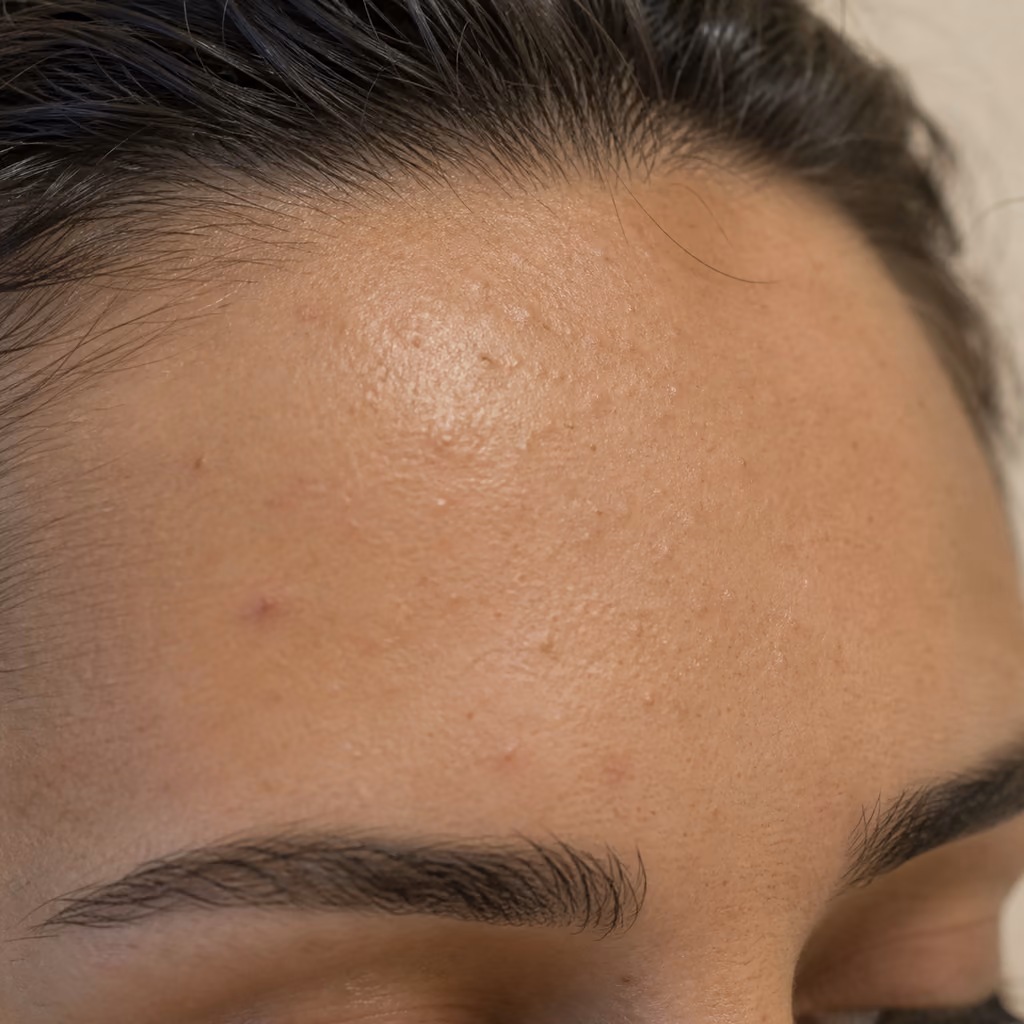 Closed comedones and small surface bumps across the forehead