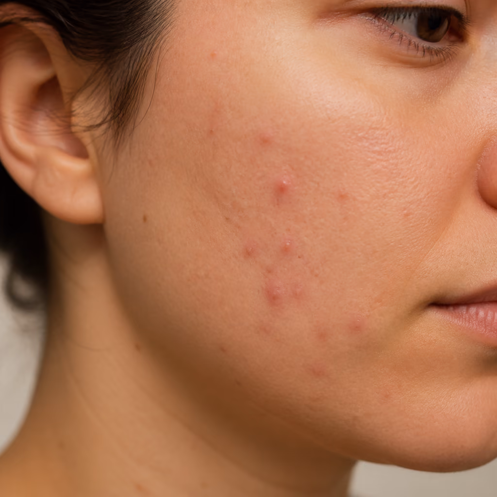 Several inflamed acne spots and healing blemishes on the cheek