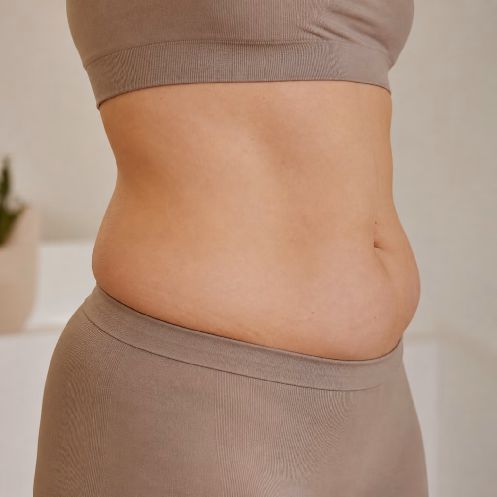 Natural localised fullness across the lower abdomen and flank in a neutral posture
