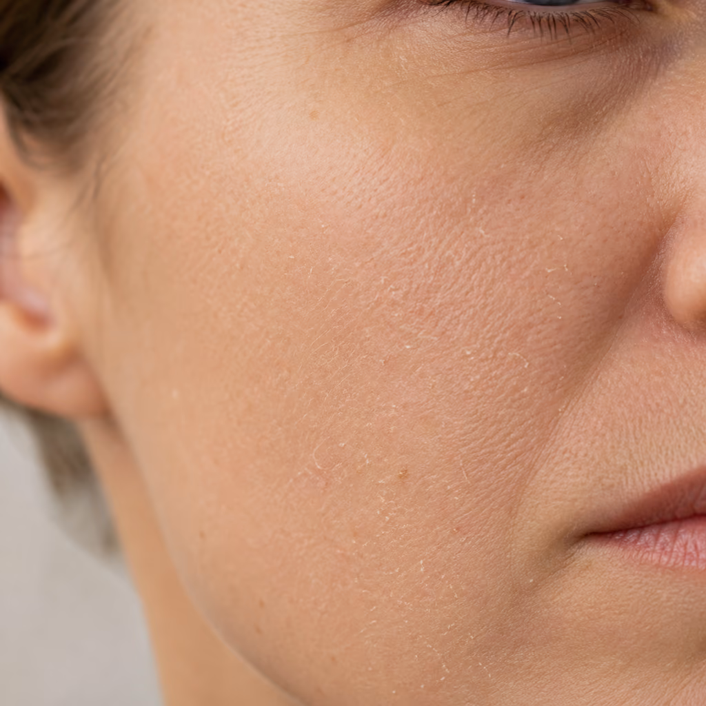 Facial skin showing fine dehydration lines, light flaking and reduced radiance