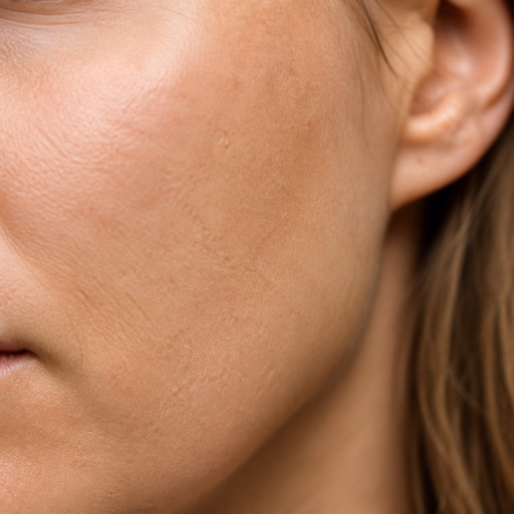 Natural facial skin with subtle roughness, visible pores and uneven light reflection
