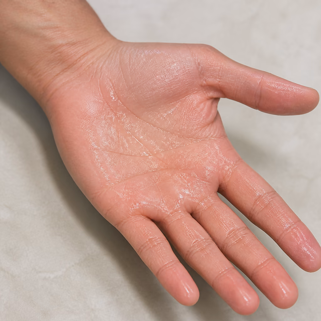 Moisture sheen and small beads of sweat across the palm