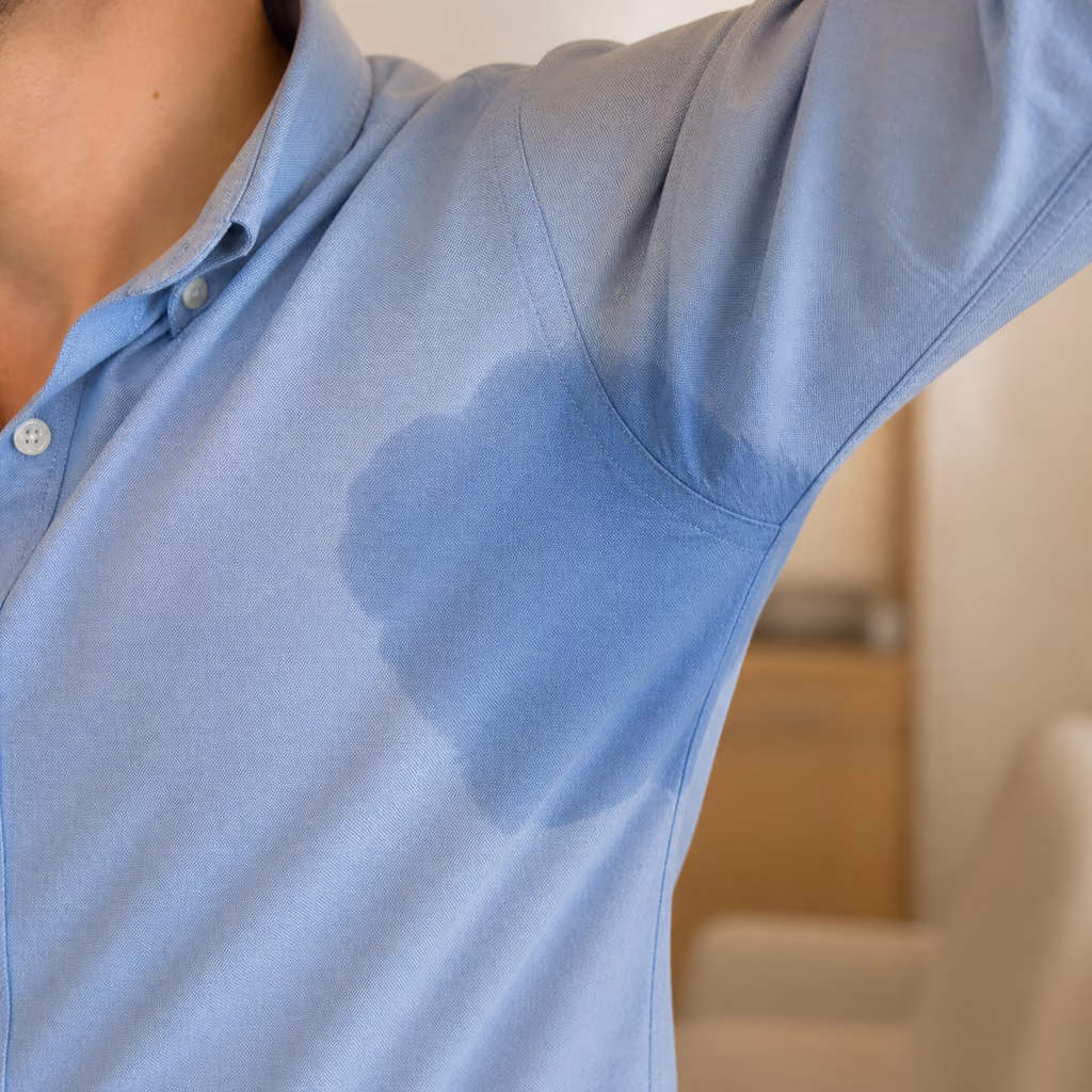 An irregular underarm damp patch visible on a light cotton shirt