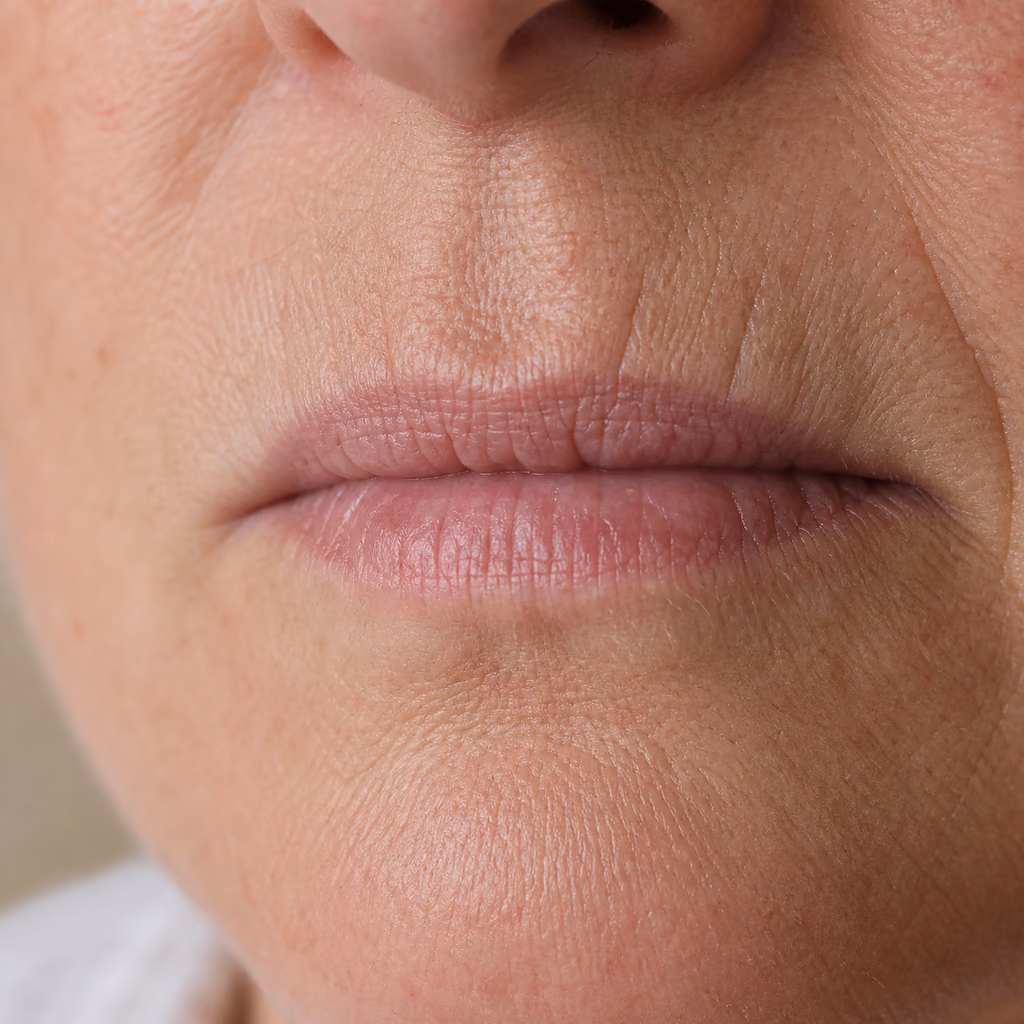 Fine vertical lines above and beside natural unfilled lips