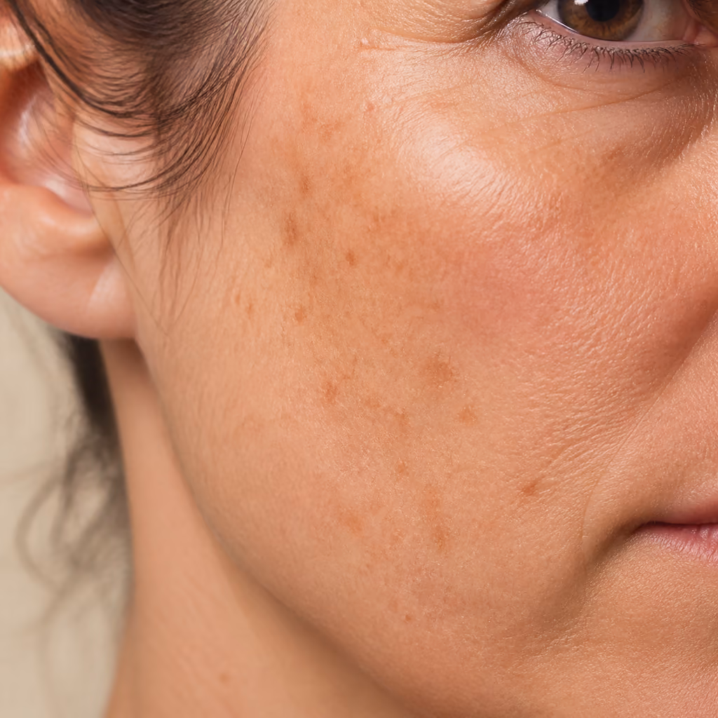 Irregular small areas of sun-related pigmentation across the cheekbone