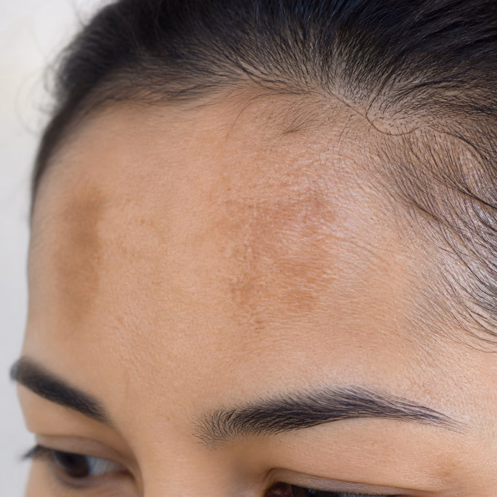 Soft-edged patchy brown pigmentation across the forehead