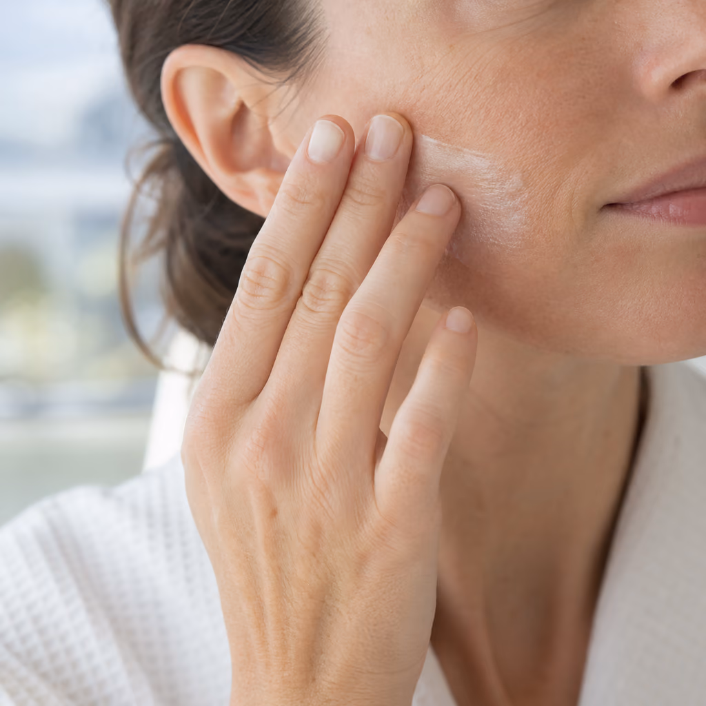 A person applying unbranded facial sunscreen in natural morning light