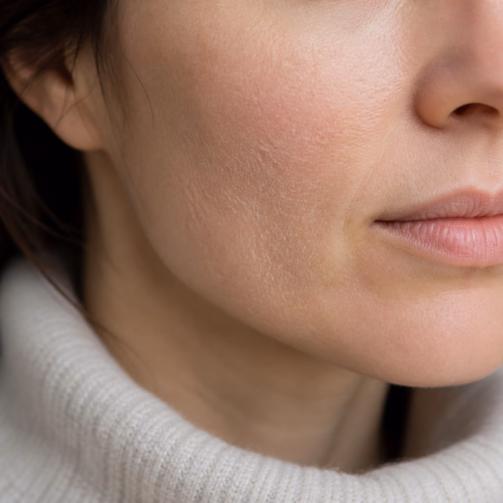 Natural cheek skin showing mild cool-weather dryness and fine surface texture