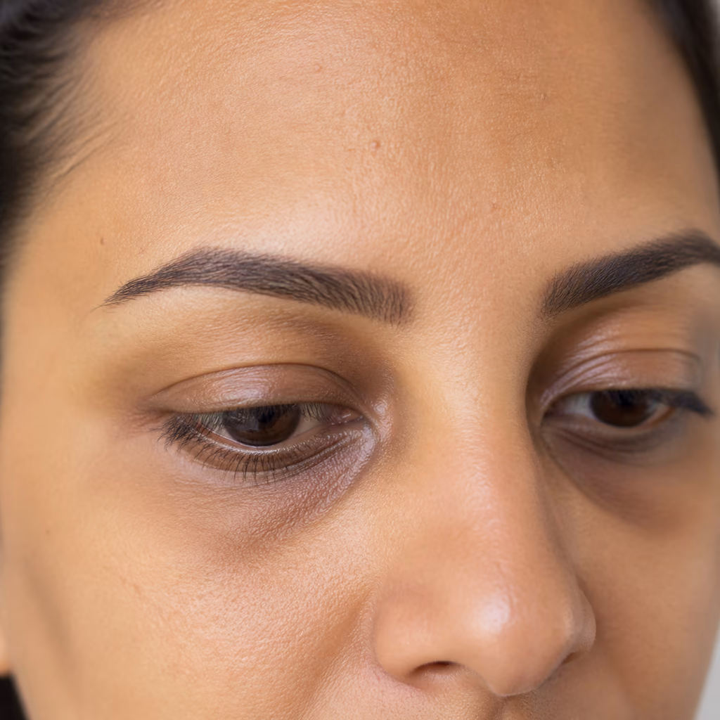 Diffuse brown-blue colour beneath the eye on natural unretouched skin