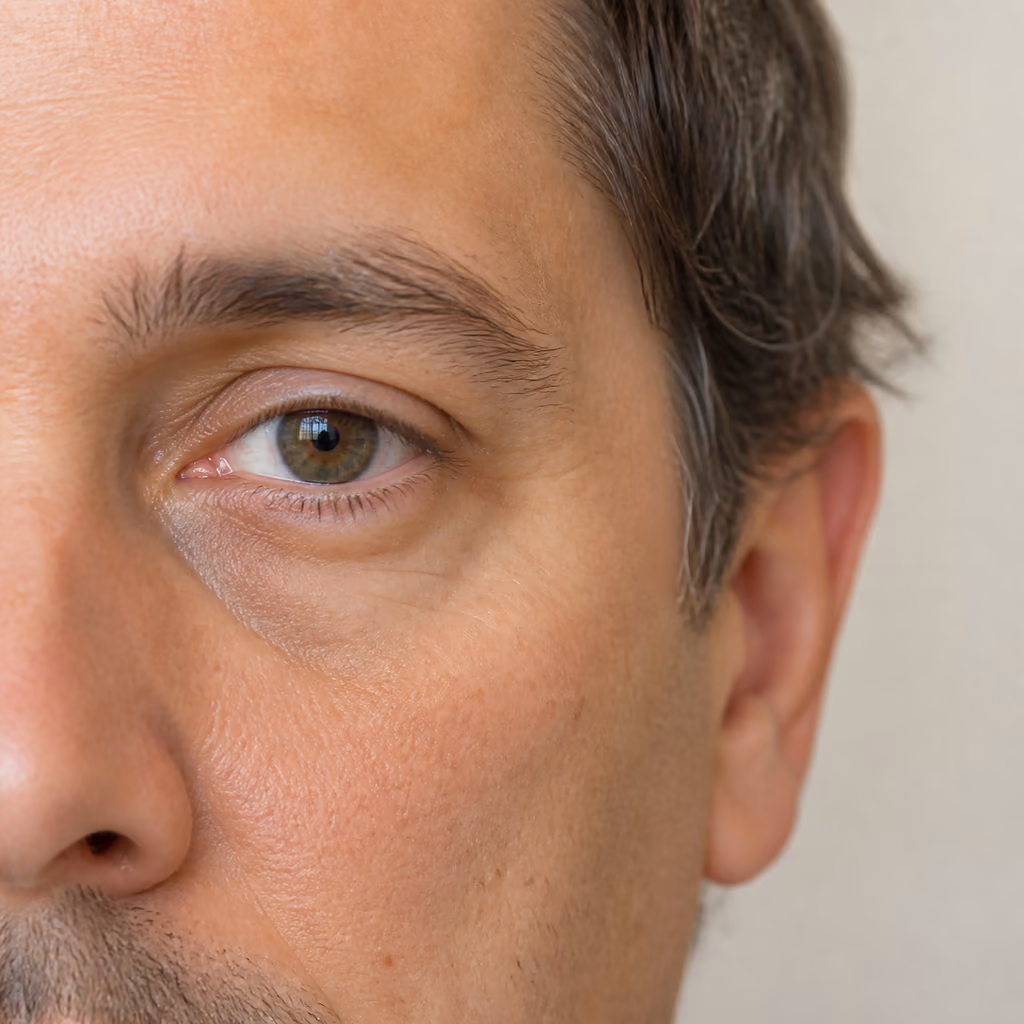 Natural tear-trough hollowing creating a contour shadow beneath the eye