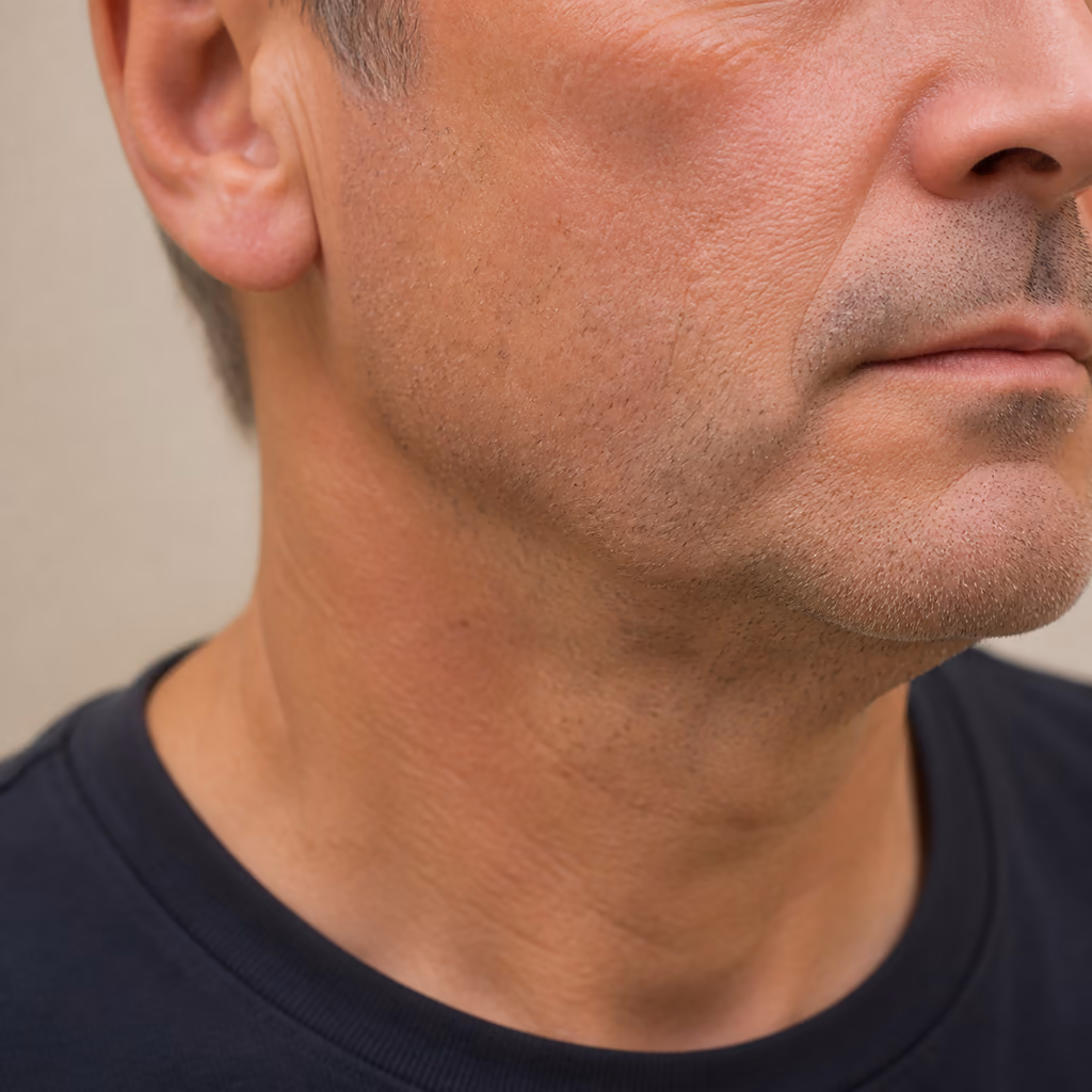 Early jowling and softer definition along the lower jaw