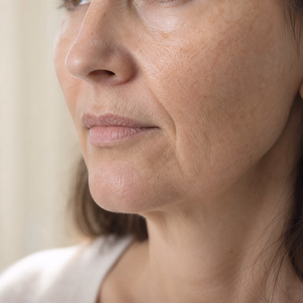 Natural flattening of the upper cheek with a deeper nasolabial fold