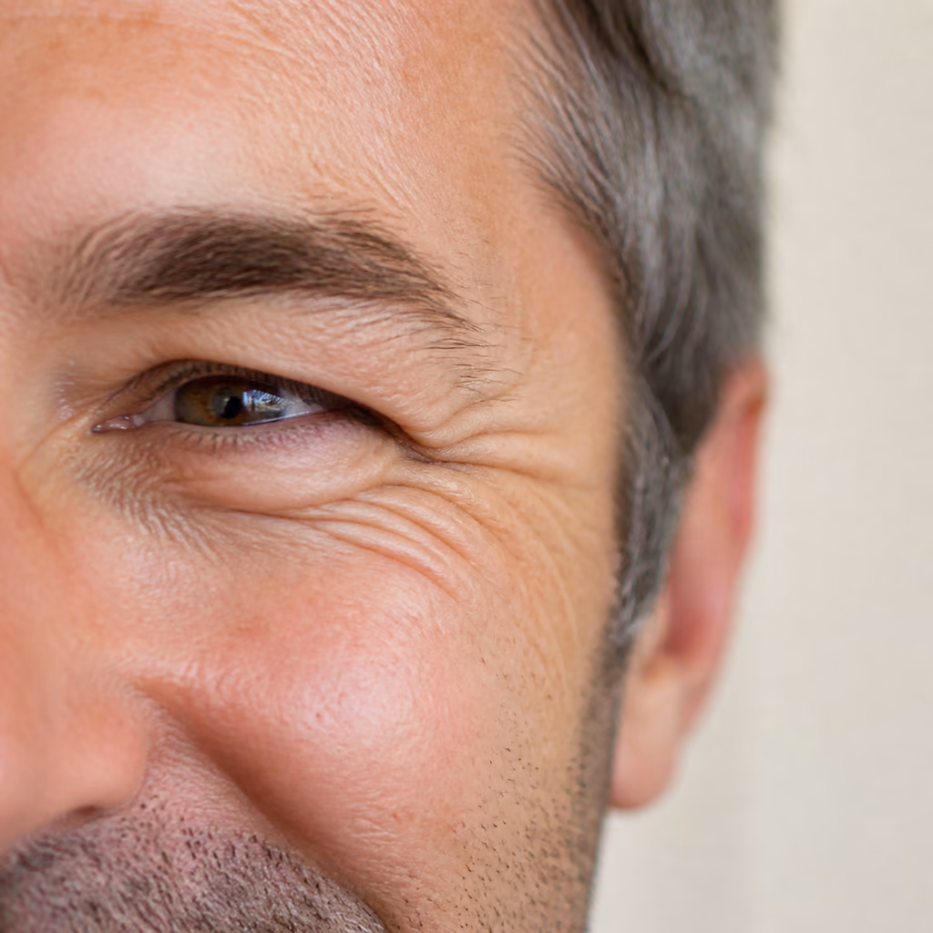 Natural expression lines beside the eye during a gentle smile